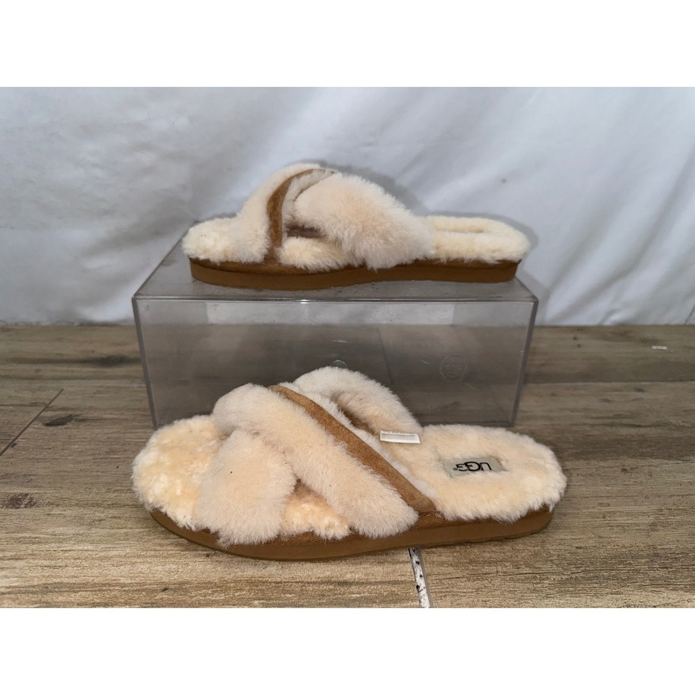 UGG Fuzzita Cream Chestnut Sheepskin Slide Slippers 1120891 Womens 7